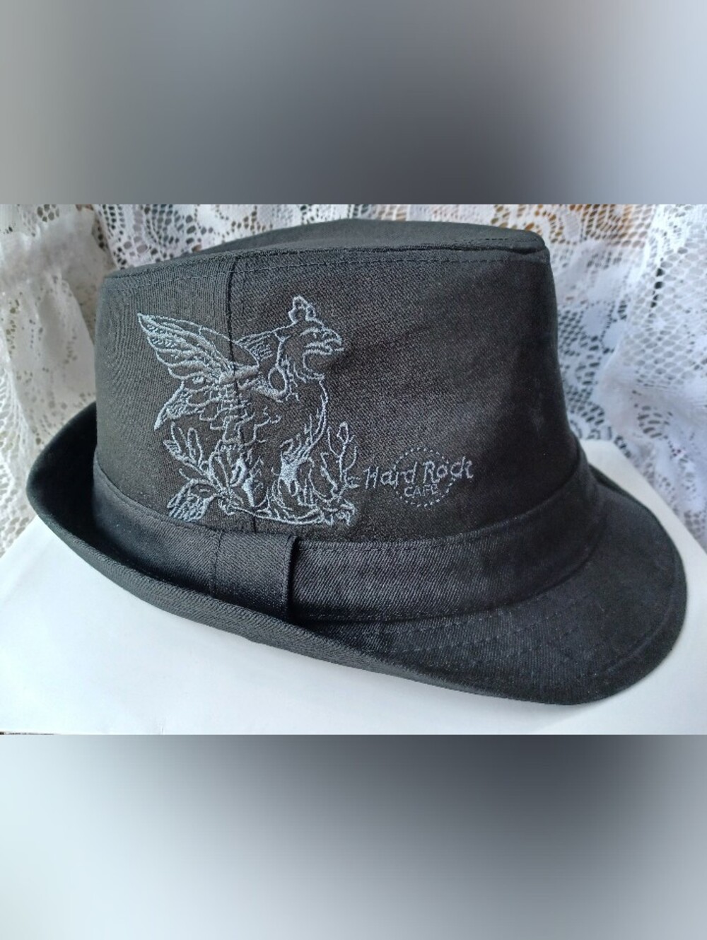 HARD ROCK CAFE BLACK FEDORA HAT DOUBLE-SIDED EMBROIDERED GRIFFIN/CAYMAN ISLANDS*
